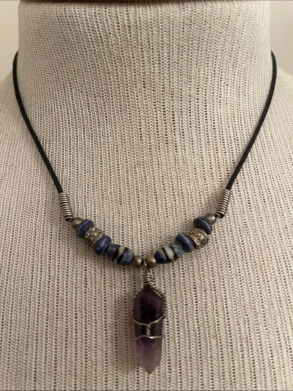Vintage 1990’s Style Wire Wrapped Amethyst Crystal Black Cord Necklace - Picture 9 of 15